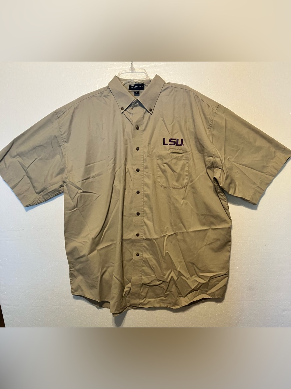 Velocity Men's Button-Down Short Sleeve Shirt in Khaki with LSU Logo